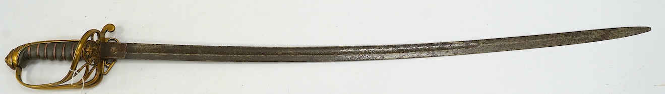 An 1845 pattern Victorian infantry officer’s sword, regulation brass hilt, folding side guard, blade 81.5cm. Condition - fair